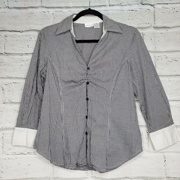 Harve benard Gingham Black White Button Up Collared Blouse Womens Medium Cotton - Picture 1 of 7
